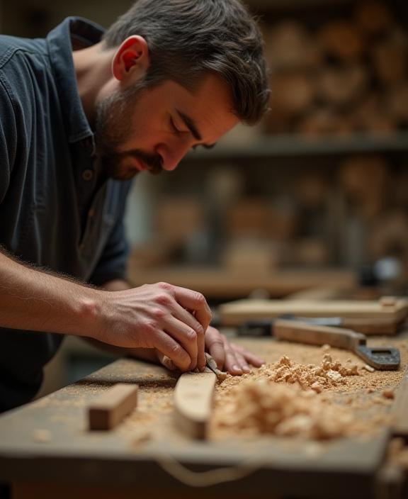 Artisan ébéniste travaillant sur une pièce de bois dans son atelier.