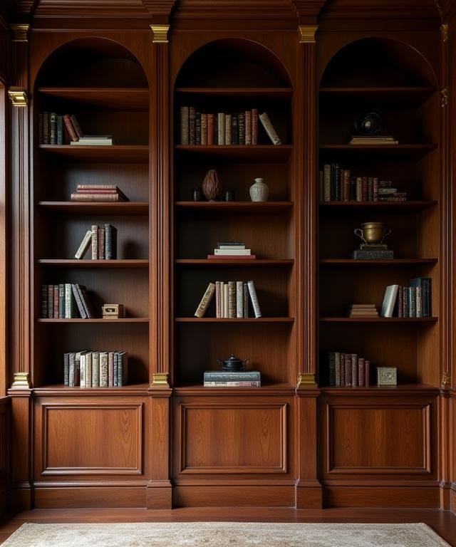 Grande bibliothèque murale en noyer avec des détails en laiton.