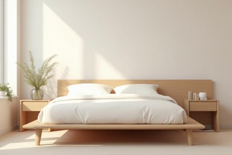 Cadre de lit minimaliste en chêne clair avec tête de lit intégrée.